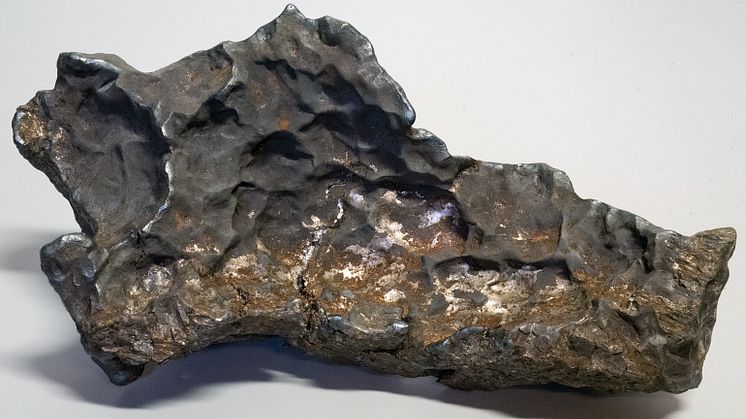 Meteoriten, cirka 30 cm lång, har fullt med små gropar (regmaglypter), som orsakats av smältning. Den mörka ytan består av en tunn smältskorpa som fläckvis fallit bort.  Foto: Andreas Forsberg/Anders Zetterqvist.