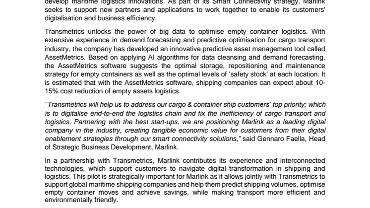 Marlink signs partnership agreement with Transmetrics to optimise logistics operations for maritime customers