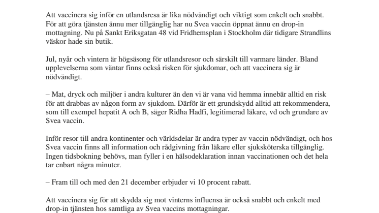 SVEA VACCIN FORTSÄTTER ATT EXPANDERA OCH ÖPPNAR  NY MOTTAGNING PÅ SANKT ERIKSGATAN 48