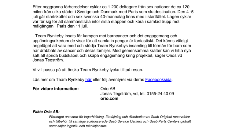 Orio stödjer Team Rynkeby i kampen mot barncancer