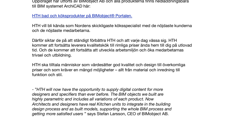 Danska Kökstillverkaren HTH lanserar nu ett komplett sortiment av både bad och köksprodukter som BIM objekt.