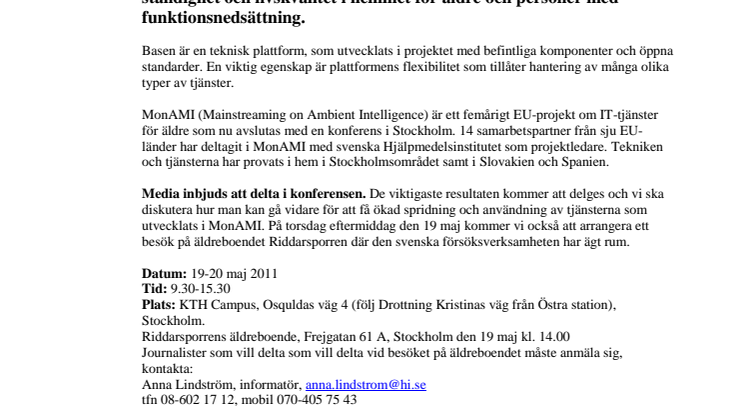 Pressinbjudan till slutkonferens för EU-projektet MonAMI 19-20 maj i Stockholm