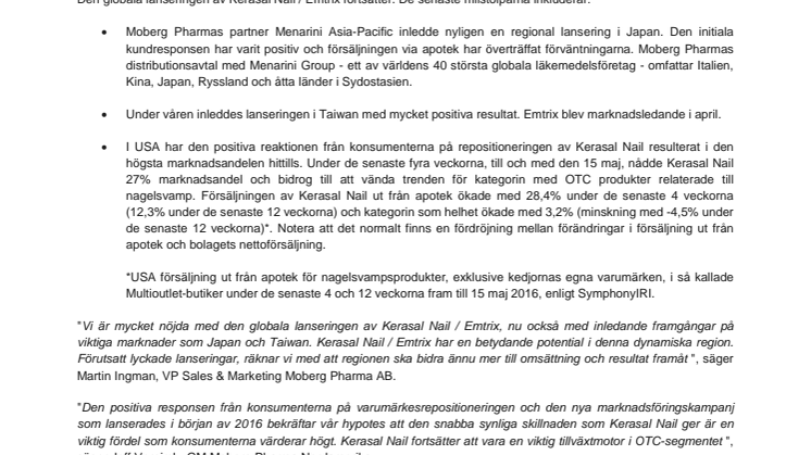Moberg Pharma lanserar i Japan och ger en marknadsuppdatering för Kerasal Nail och Emtrix