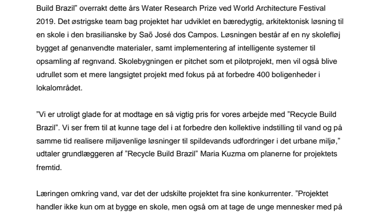 Bæredygtigt skoleprojekt vinder Water Research Prize ved World Architecture Festival 2019