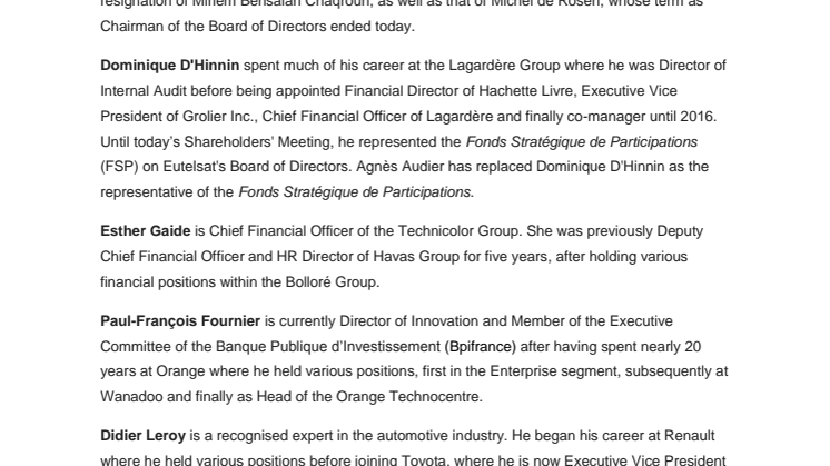 New Directors appointed to the Board of Eutelsat Communications