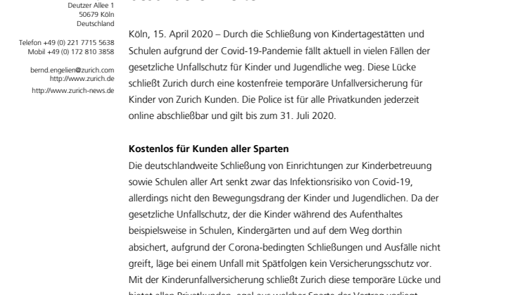 Kostenlose Unfallversicherung für Kinder: Zurich bietet besonderen Schutz in besonderen Zeiten