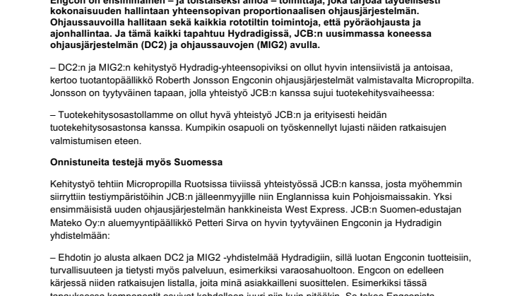 Engcon tarjoaa ensimmäisenä täydellisesti yhteensopivan proportionaalisen ohjausjärjestelmän uuteen JCB Hydradig -kaivukoneeseen