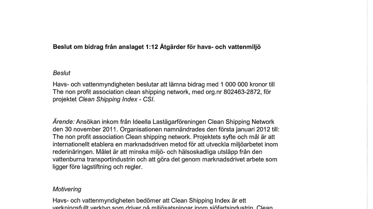 HaV;s beslut om att anslå 1 000 000 kronor till CSI
