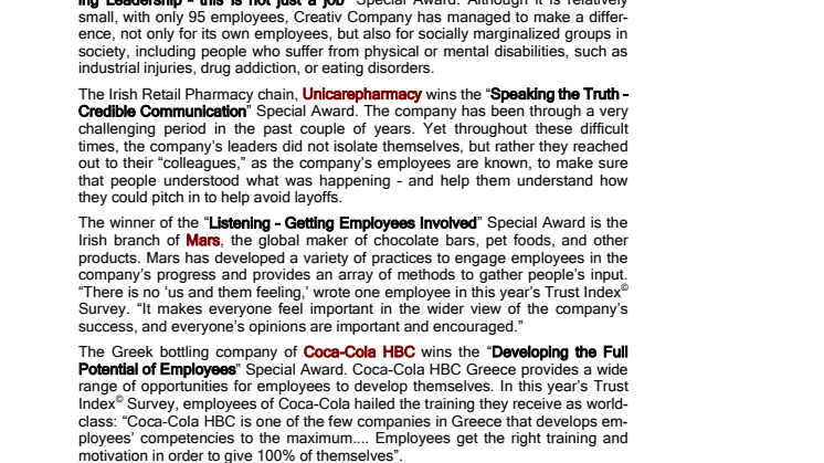 Great Place to Work Institute - European Special Awards announced