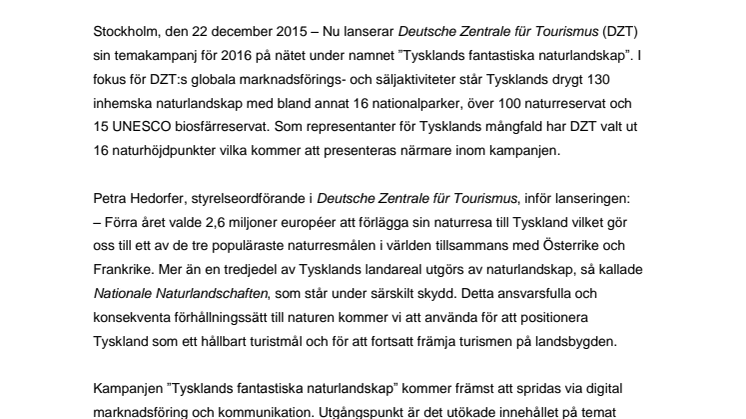 ​Lansering av temakampanj 2016: ”Tysklands fantastiska naturlandskap”
