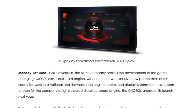 Cox Powertrain: Cox Powertrain to Reveal CXO300 Engine Controls and Display Systems 