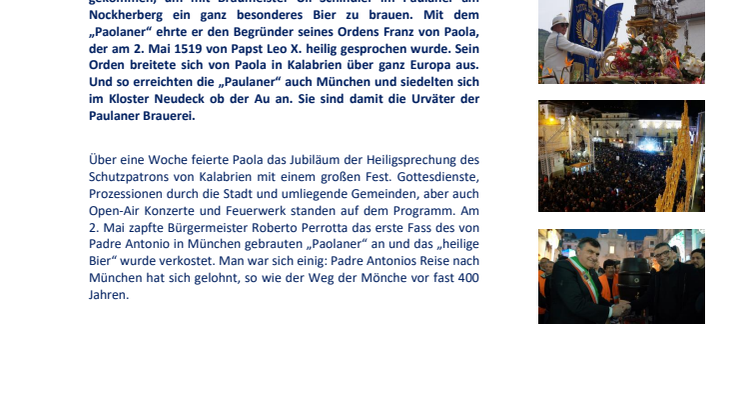 Viva San Francesco! -  Paola feiert mit Paulaner das 500jährige Jubiläum der Heiligsprechung von Franz von Paola