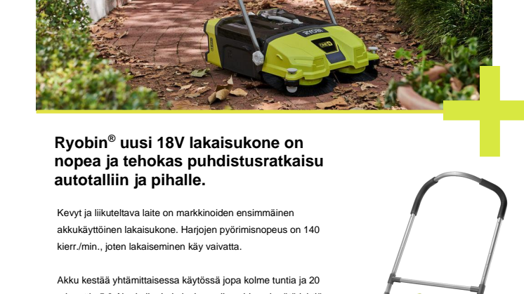 Ryobin® uusi 18V lakaisukone on nopea ja tehokas puhdistusratkaisu autotalliin ja pihalle