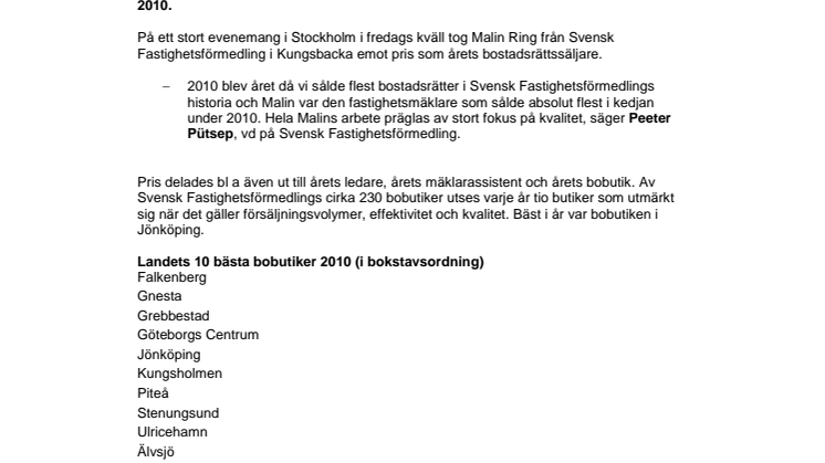 Mäklare från Kungsbacka sålde flest bostadsrätter under 2010