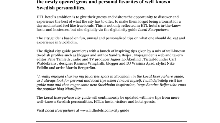  HTL hotels launches Local Everywhere - a digital city guide with personal tips from famous Swedes