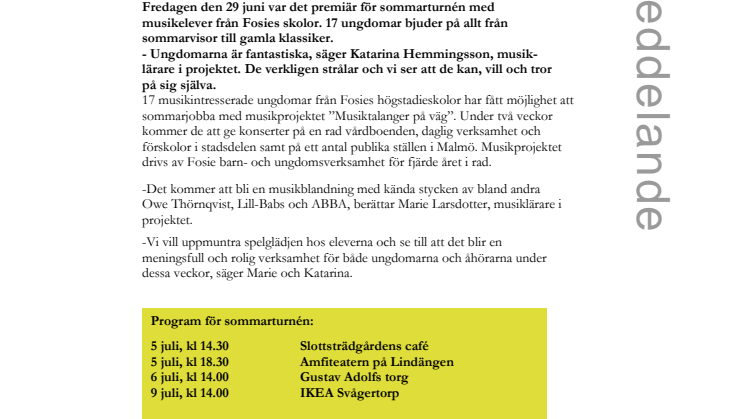 Musiktalanger från Fosie ger konserter på Gustav Adolfs Torg och Amfiteatern