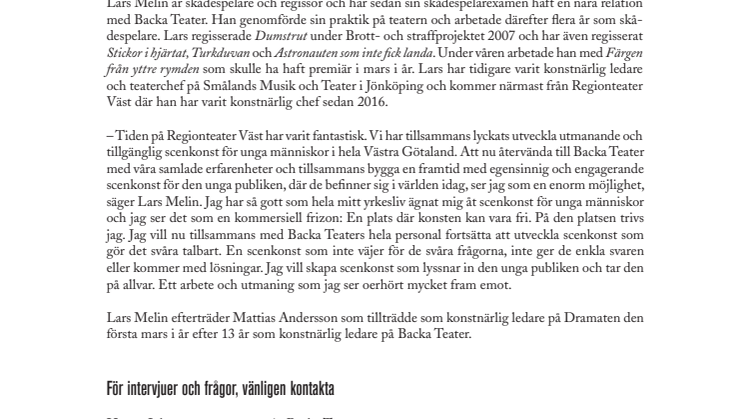 Lars Melin blir ny konstnärlig ledare på Backa Teater