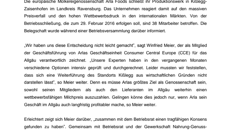 Arla Foods schließt Standort Kißlegg