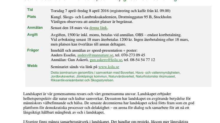 Seminarium: Landskapsforum 2016 – samarbetsnätverk i landskapet 7–8 april