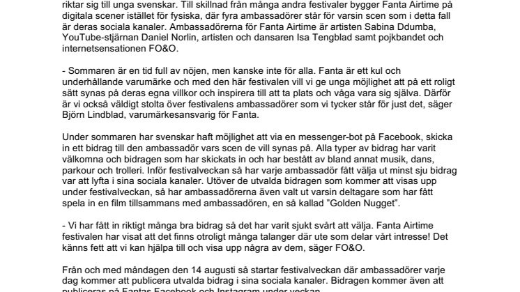 Unga talanger får synas i kändisars sociala medier i den digitala festivalen Fanta® Airtime 