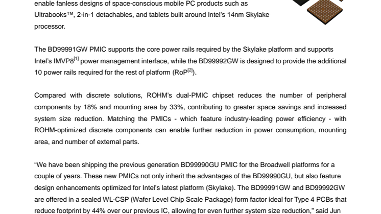 New Power Management ICs Optimized for Intel’s 6th-Generation Skylake Core Processor Architecture ---Enables thinner, smaller, lighter, and lower power systems such as ultrabooks, tablets and 2-in-1s