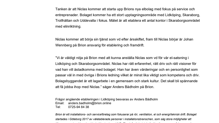 Brion Installation & Service Brion etablerar i Lidköping