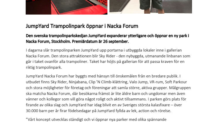JumpYard Trampolinpark öppnar i Nacka Forum