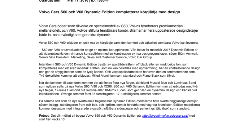 Volvo Cars S60 och V60 Dynamic Edition kompletterar körglädje med design