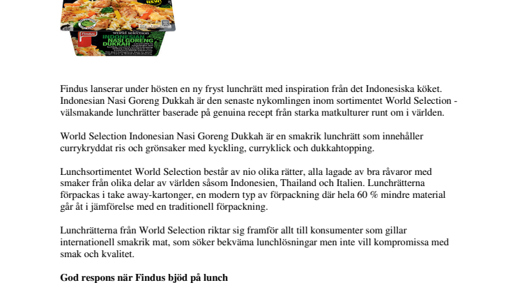 Indonesisk lunchrätt utökar Findus populära sortiment World Selection