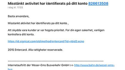Exempel på e-post meddelande med nätfiske