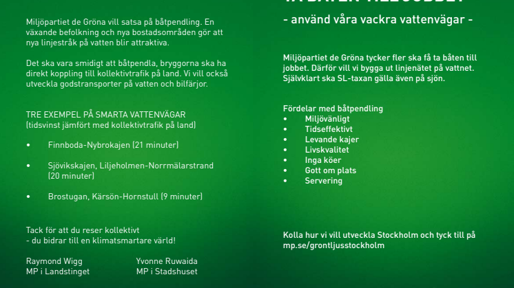 Folder om båtpendling på Stockholms vatten, Miljöpartiets förslag