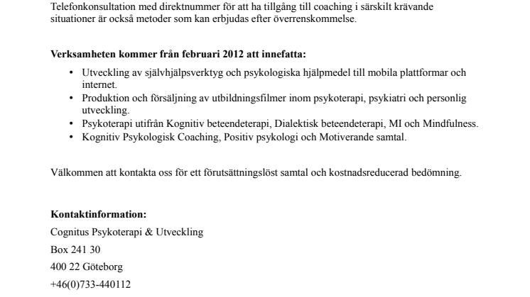 Cognitus Psykoterapi & Utveckling flyttar verksamheten till Sölvesborg