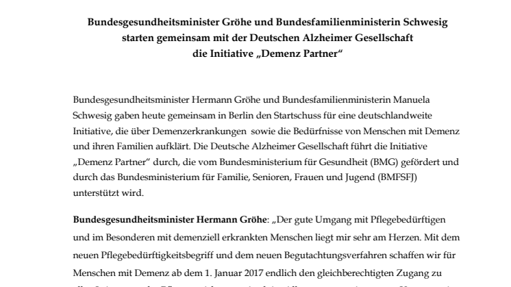 Bundesgesundheitsminister Gröhe und Bundesfamilienministerin Schwesig starten gemeinsam mit der Deutschen Alzheimer Gesellschaft  die Initiative „Demenz Partner“