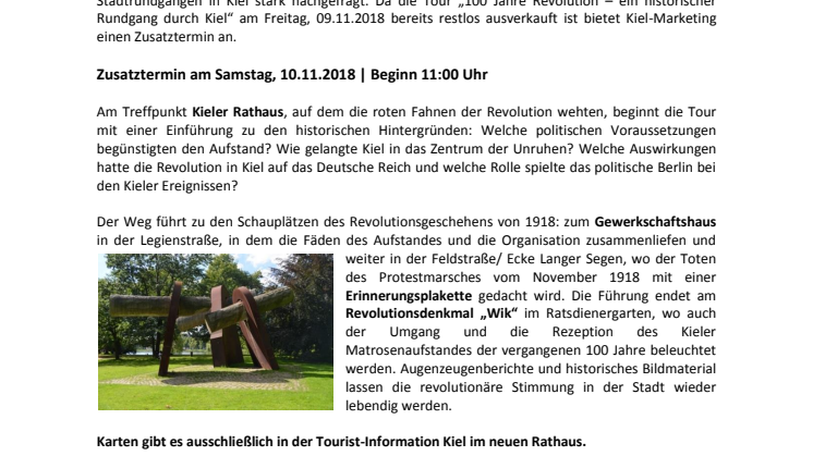Zusatztermin zur Stadtführung Matrosenaufstand in Kiel am Samstag, 10.11.2018