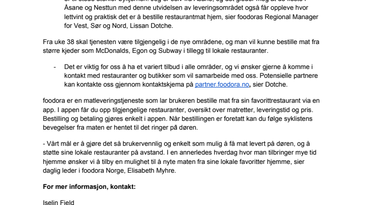 Nå kommer foodora til Åsane og Nesttun
