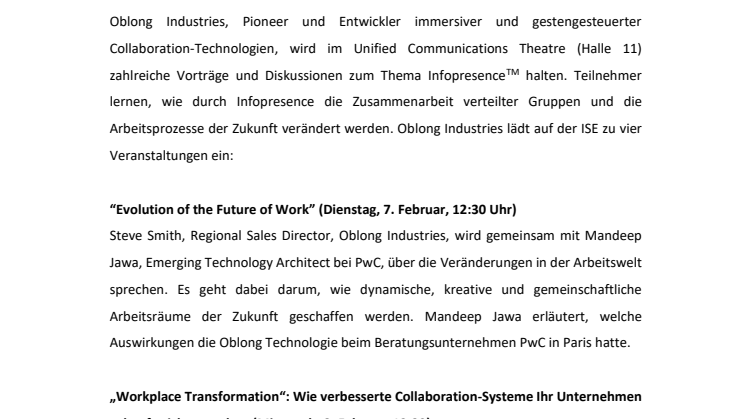 Oblong Industries Vorträge zum Thema Infopresence™ auf der ISE 2017