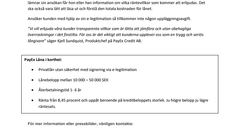 PayEx erbjuder Privatlån  