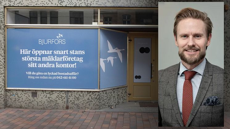 Här, på Drottninggatan i Helsingborg,  öppnar snart Bjurfors sitt 20:e kontor i Skåne. (Infälld i bild: Mattias Larsson, vd Bjurfors Skåne.)