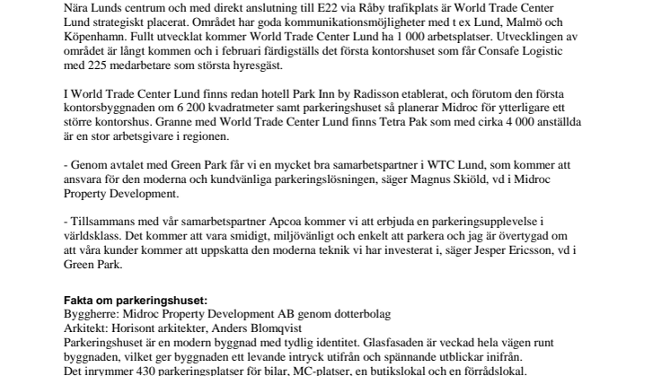 Midroc säljer nytt parkeringshus i World Trade Center Lund 