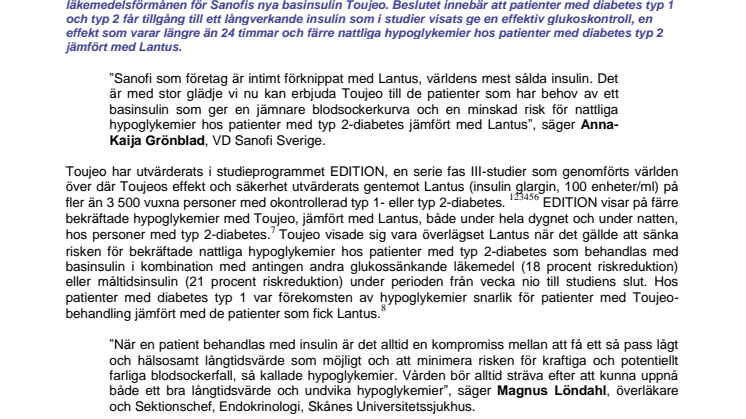 ​Nytt långverkande insulin Toujeo (insulin glargin) har fått subvention inom läkemedelsförmånen