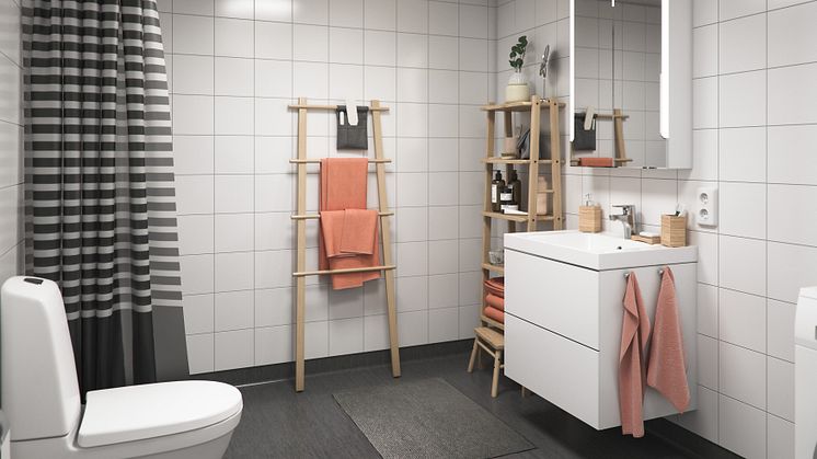 Illustration av interiör, badrum BoKlok-lägenhet 2 rok, 2019. 