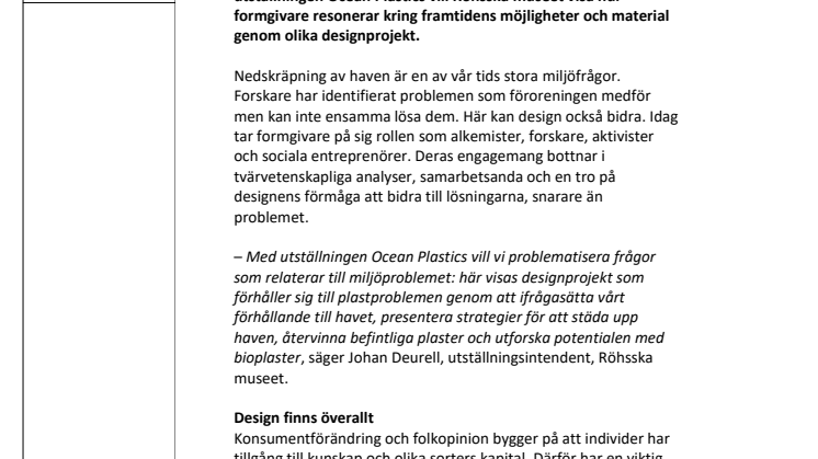 Inbjudan: Pressvisning Ocean Plastics, Röhsska museet, fredag 14 juni 11.00