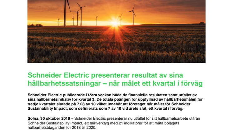Schneider Electric presenterar resultat av sina hållbarhetssatsningar – når målet ett kvartal i förväg