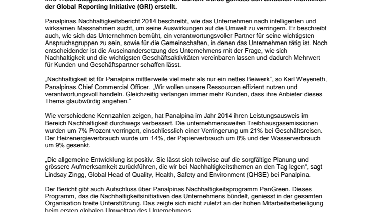 Panalpina zeigt im Nachhaltigkeitsbericht 2014 Fortschritte auf