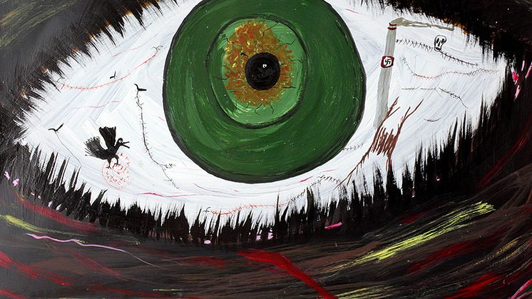 Bild från utställningen med den romska konstnären Ceija Stojka på Malmö Konsthall. Utan titel, 1995, Akryl på kartong, 69,5 x 99 cm, Collection Antoine de Galbert, Paris. Foto: ©Célia Pernot