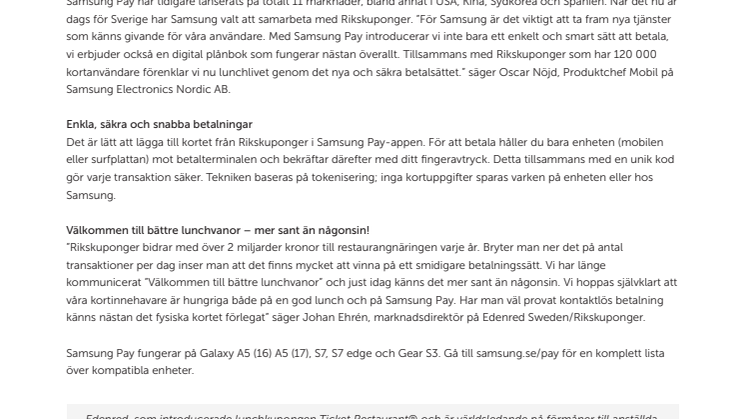 Edenreds lunchförmån Rikskuponger erbjuder snart över 120 000 kortanvändare att betala med Samsung Pay!