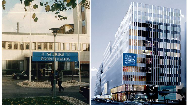 Till vänster S:t Eriks Ögonsjukhus vid öppningen 1990, till höger den nya sjukhusbyggnaden dit S:t Erik flyttar i september 2020.