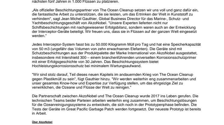 AkzoNobel unterstützt The Ocean Cleanup bei der Säuberung von Plastik in Flüssen