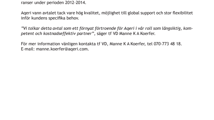 Aqeri erhåller avtal värt 18 miljoner kronor