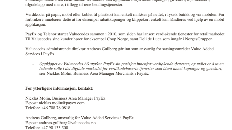 PayEx kjøper Telenor sin eierandel i Valuecodes